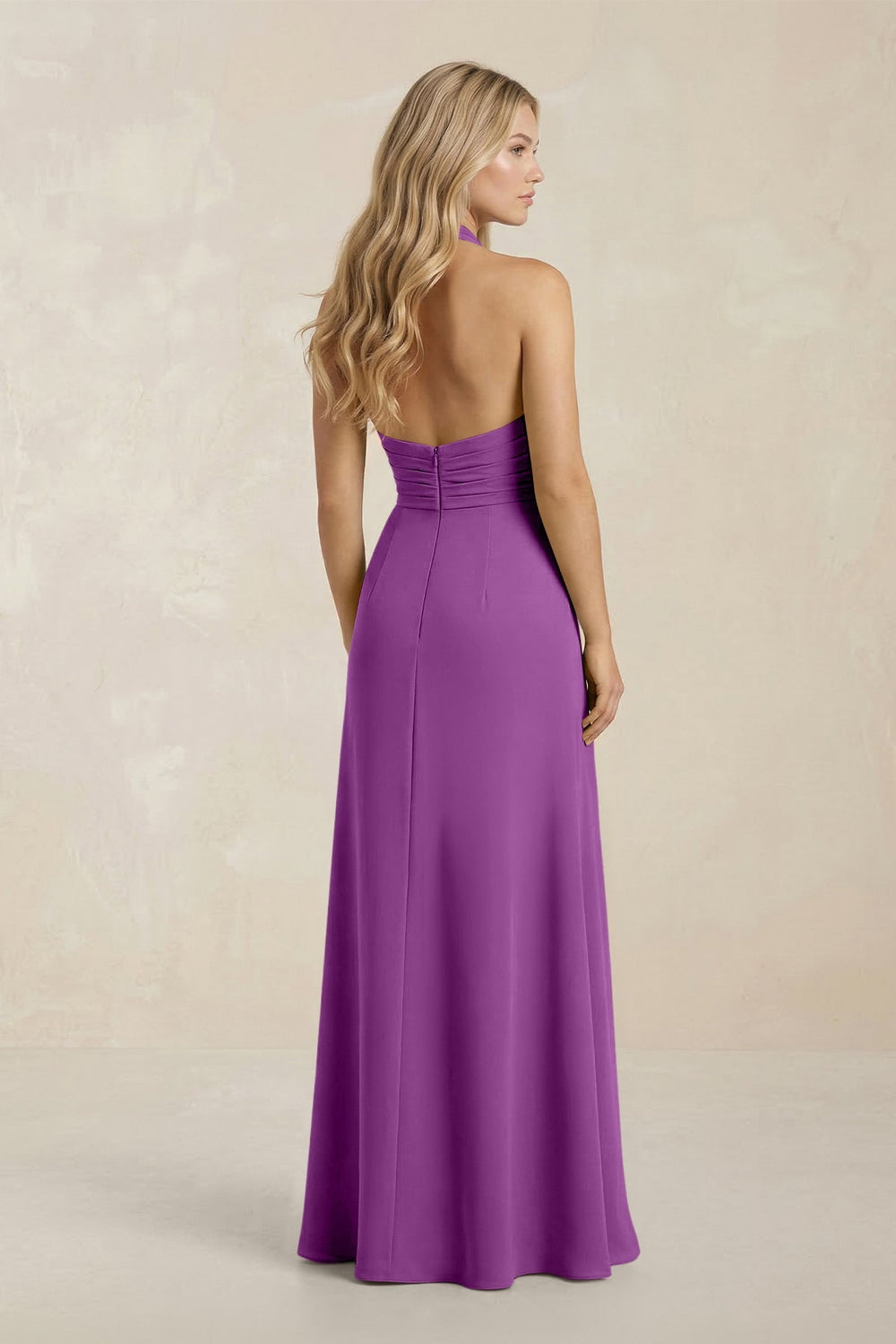High Neck Chiffon Sheath Ruched Bridesmaid Dress in Amethyst - KissProm Bridesmaid Dresses