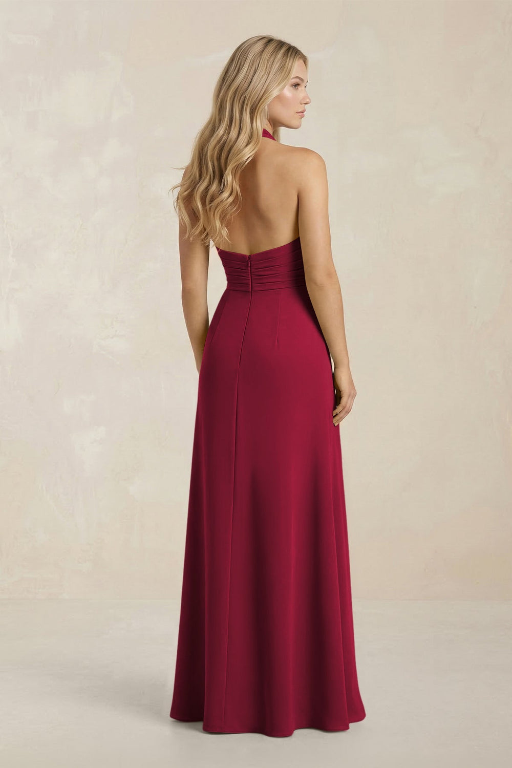 High Neck Chiffon Sheath Ruched Bridesmaid Dress in Berry - KissProm Bridesmaid Dresses