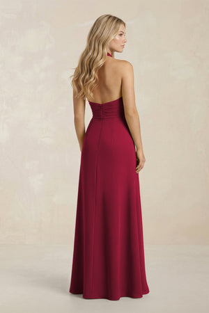 High Neck Chiffon Sheath Ruched Bridesmaid Dress in Berry - KissProm Bridesmaid Dresses