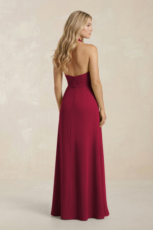 High Neck Chiffon Sheath Ruched Bridesmaid Dress in Berry - KissProm Bridesmaid Dresses