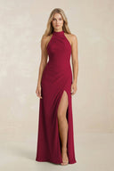 High Neck Chiffon Sheath Ruched Bridesmaid Dress in Berry - KissProm Bridesmaid Dresses