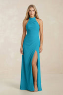 High Neck Chiffon Sheath Ruched Bridesmaid Dress in Blue Jay - KissProm Bridesmaid Dresses