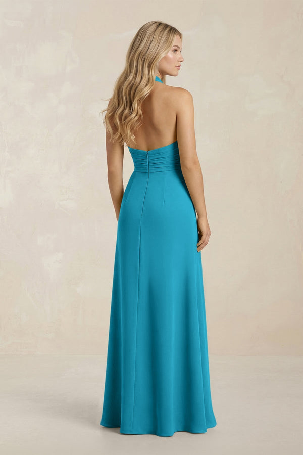 High Neck Chiffon Sheath Ruched Bridesmaid Dress in Blue Jay - KissProm Bridesmaid Dresses