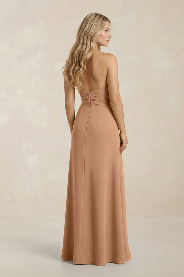 High Neck Chiffon Sheath Ruched Bridesmaid Dress in Bronzer - KissProm Bridesmaid Dresses