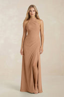 High Neck Chiffon Sheath Ruched Bridesmaid Dress in Bronzer - KissProm Bridesmaid Dresses