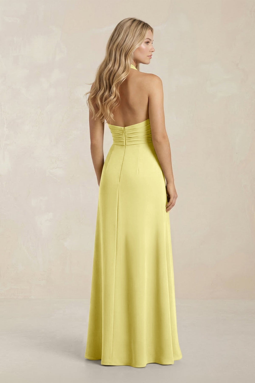 High Neck Chiffon Sheath Ruched Bridesmaid Dress in Buttercup - KissProm Bridesmaid Dresses