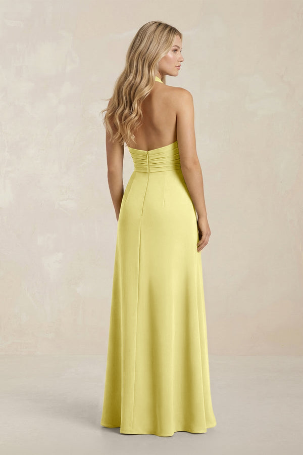 High Neck Chiffon Sheath Ruched Bridesmaid Dress in Buttercup - KissProm Bridesmaid Dresses