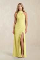 High Neck Chiffon Sheath Ruched Bridesmaid Dress in Buttercup - KissProm Bridesmaid Dresses