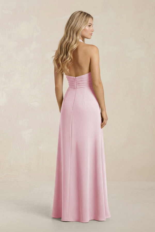 High Neck Chiffon Sheath Ruched Bridesmaid Dress in Candy Pink - KissProm Bridesmaid Dresses