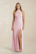 High Neck Chiffon Sheath Ruched Bridesmaid Dress in Candy Pink - KissProm Bridesmaid Dresses