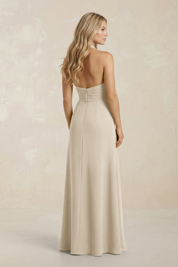 High Neck Chiffon Sheath Ruched Bridesmaid Dress in Champagne - KissProm Bridesmaid Dresses