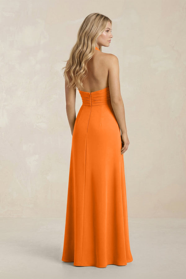 High Neck Chiffon Sheath Ruched Bridesmaid Dress in Cinnamon - KissProm Bridesmaid Dresses