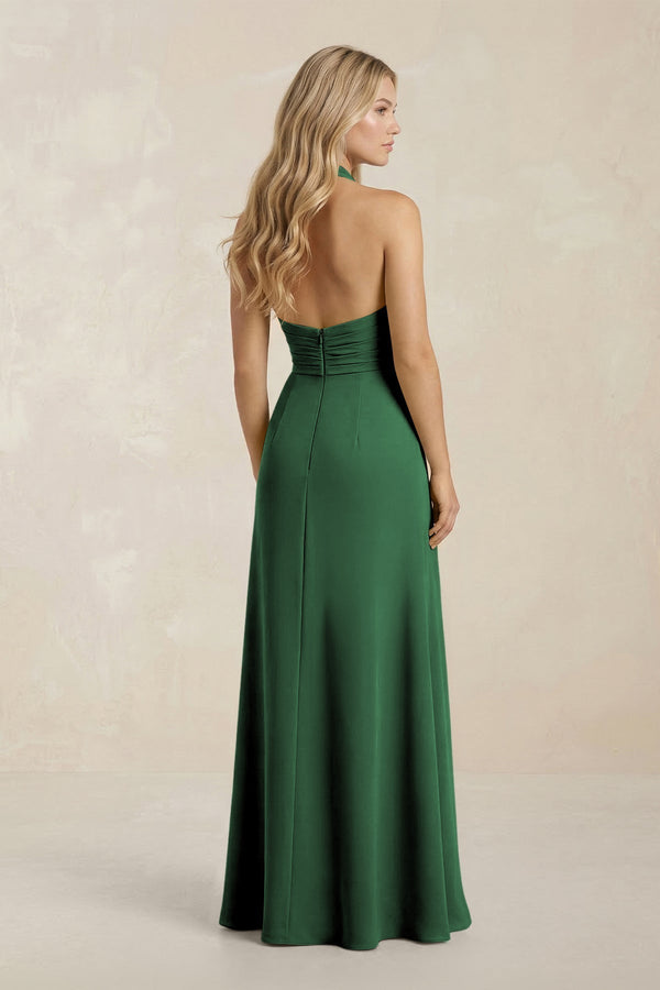 High Neck Chiffon Sheath Ruched Bridesmaid Dress in Dark Green - KissProm Bridesmaid Dresses