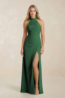 High Neck Chiffon Sheath Ruched Bridesmaid Dress in Dark Green - KissProm Bridesmaid Dresses