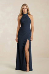 High Neck Chiffon Sheath Ruched Bridesmaid Dress in Dark Navy - KissProm Bridesmaid Dresses