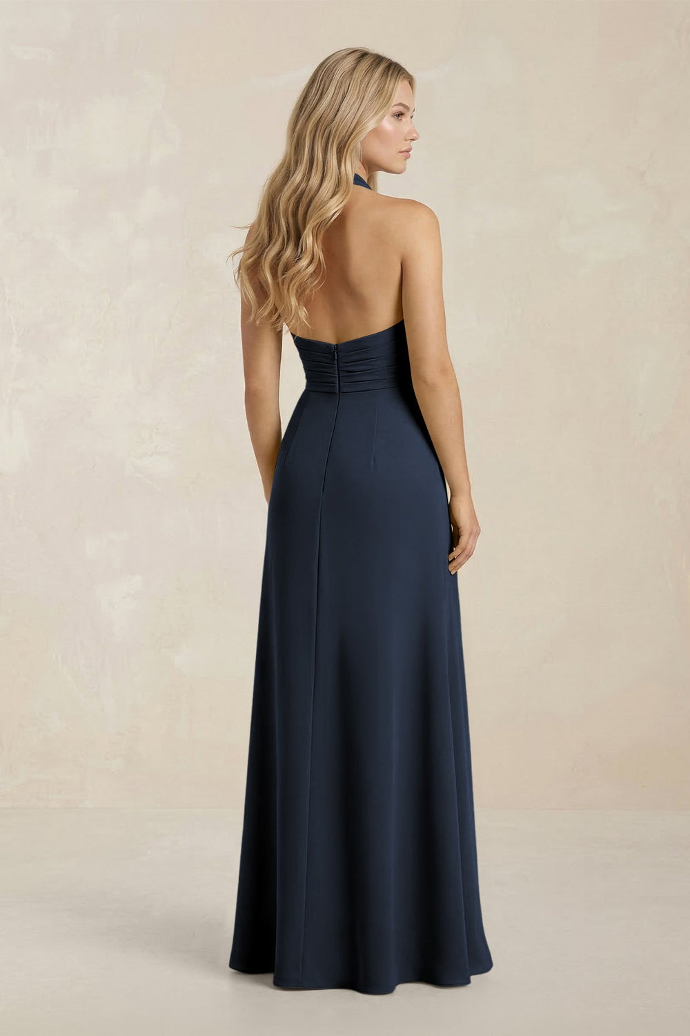 High Neck Chiffon Sheath Ruched Bridesmaid Dress in Dark Navy - KissProm Bridesmaid Dresses