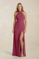 High Neck Chiffon Sheath Ruched Bridesmaid Dress in Desert Rose - KissProm Bridesmaid Dresses