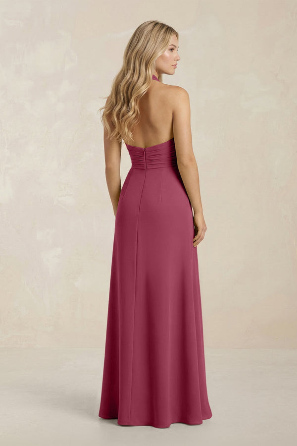 High Neck Chiffon Sheath Ruched Bridesmaid Dress in Desert Rose - KissProm Bridesmaid Dresses
