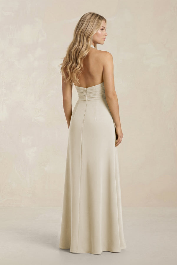 High Neck Chiffon Sheath Ruched Bridesmaid Dress in Dove Gray - KissProm Bridesmaid Dresses