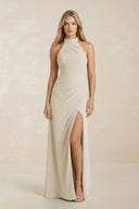 High Neck Chiffon Sheath Ruched Bridesmaid Dress in Dove Gray - KissProm Bridesmaid Dresses