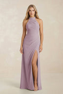 High Neck Chiffon Sheath Ruched Bridesmaid Dress in Dusk - KissProm Bridesmaid Dresses