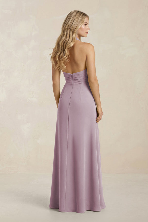 High Neck Chiffon Sheath Ruched Bridesmaid Dress in Dusk - KissProm Bridesmaid Dresses