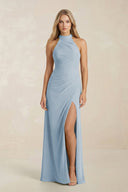 High Neck Chiffon Sheath Ruched Bridesmaid Dress in Dusty Blue - KissProm Bridesmaid Dresses