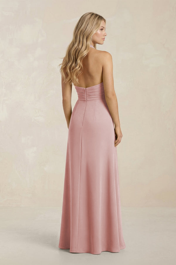 High Neck Chiffon Sheath Ruched Bridesmaid Dress in Dusty Rose - KissProm Bridesmaid Dresses