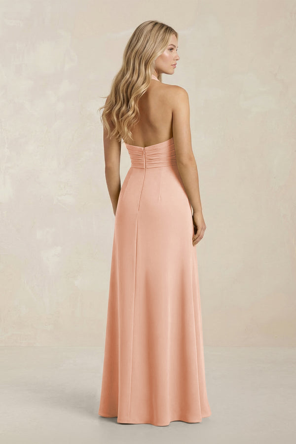 High Neck Chiffon Sheath Ruched Bridesmaid Dress in English Rose - KissProm Bridesmaid Dresses