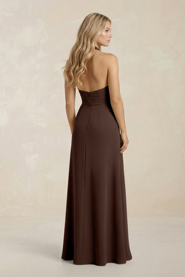 High Neck Chiffon Sheath Ruched Bridesmaid Dress in Espresso - KissProm Bridesmaid Dresses