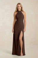 High Neck Chiffon Sheath Ruched Bridesmaid Dress in Espresso - KissProm Bridesmaid Dresses