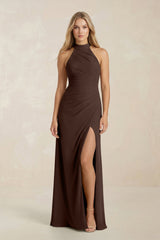 High Neck Chiffon Sheath Ruched Bridesmaid Dress in Espresso - KissProm Bridesmaid Dresses