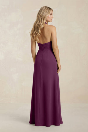 High Neck Chiffon Sheath Ruched Bridesmaid Dress in Fig - KissProm Bridesmaid Dresses
