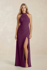 High Neck Chiffon Sheath Ruched Bridesmaid Dress in Fig - KissProm Bridesmaid Dresses