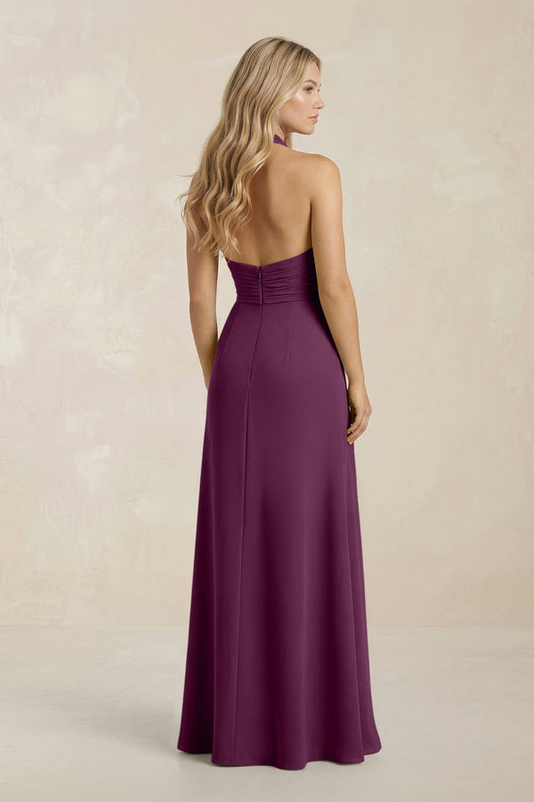 High Neck Chiffon Sheath Ruched Bridesmaid Dress in Fig - KissProm Bridesmaid Dresses