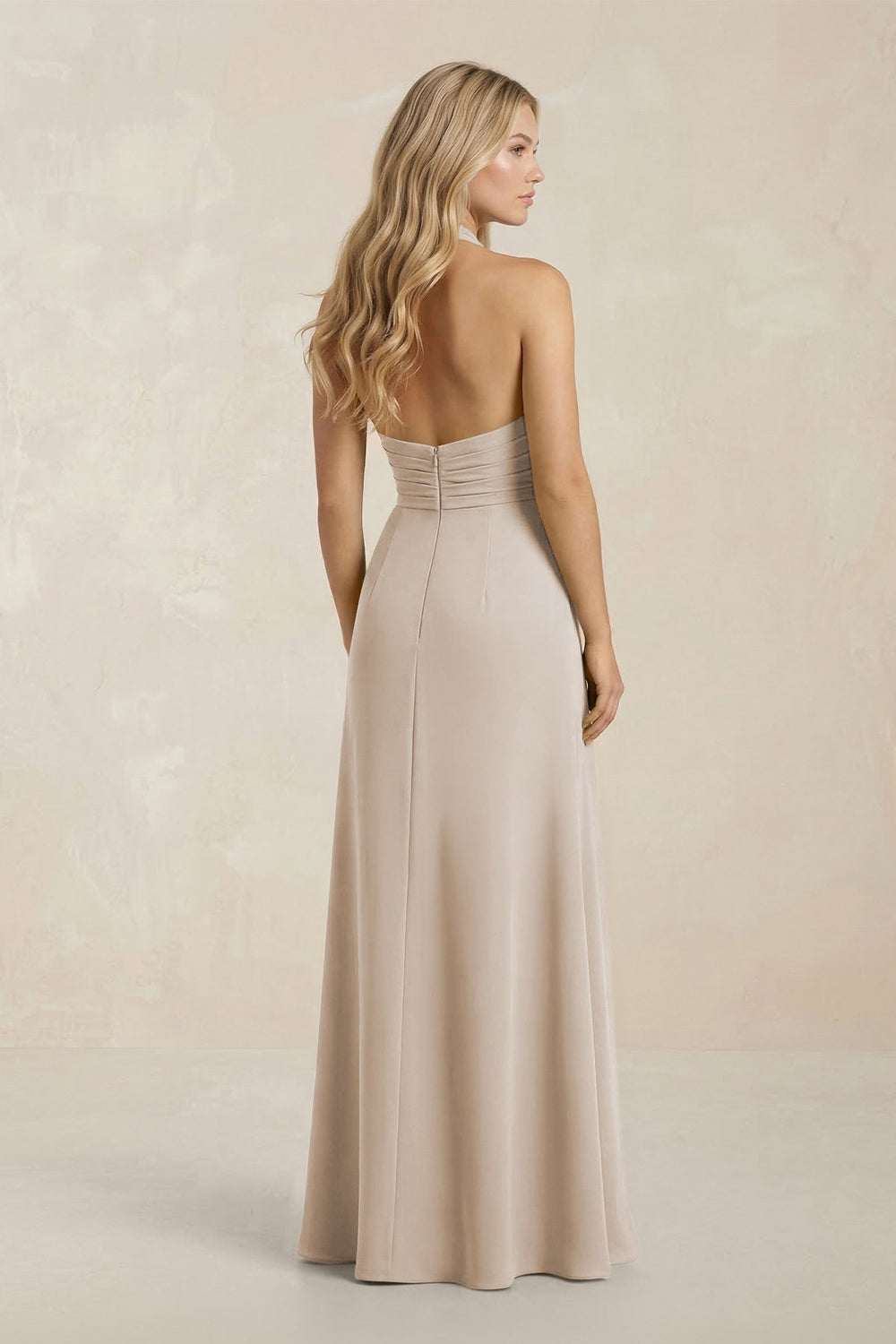 High Neck Chiffon Sheath Ruched Bridesmaid Dress in Frost - KissProm Bridesmaid Dresses