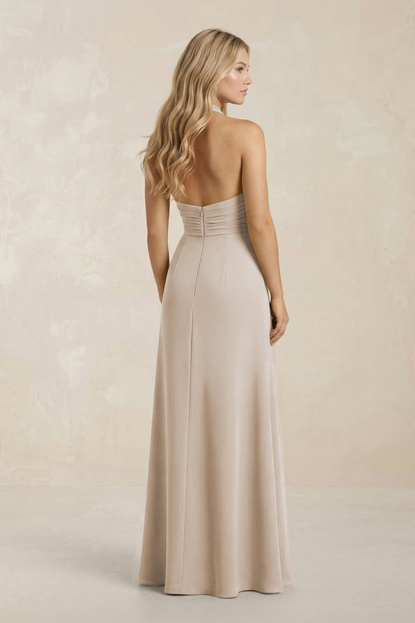 High Neck Chiffon Sheath Ruched Bridesmaid Dress in Frost - KissProm Bridesmaid Dresses