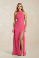 High Neck Chiffon Sheath Ruched Bridesmaid Dress in Fuchsia - KissProm Bridesmaid Dresses