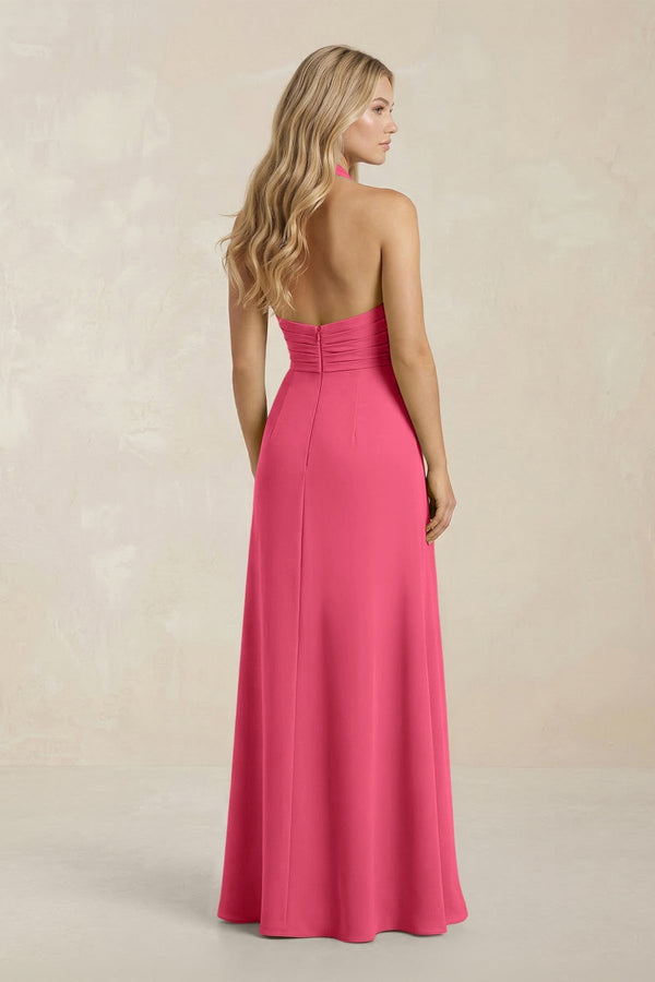 High Neck Chiffon Sheath Ruched Bridesmaid Dress in Fuchsia - KissProm Bridesmaid Dresses