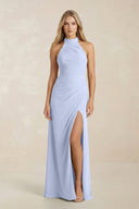 High Neck Chiffon Sheath Ruched Bridesmaid Dress in Ice - KissProm Bridesmaid Dresses