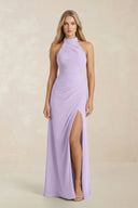 High Neck Chiffon Sheath Ruched Bridesmaid Dress in Lavender - KissProm Bridesmaid Dresses
