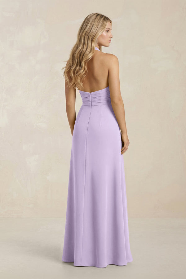 High Neck Chiffon Sheath Ruched Bridesmaid Dress in Lavender - KissProm Bridesmaid Dresses