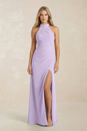 High Neck Chiffon Sheath Ruched Bridesmaid Dress in Lavender - KissProm Bridesmaid Dresses