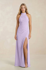 High Neck Chiffon Sheath Ruched Bridesmaid Dress in Lavender - KissProm Bridesmaid Dresses
