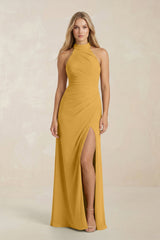 High Neck Chiffon Sheath Ruched Bridesmaid Dress in Marigold - KissProm Bridesmaid Dresses