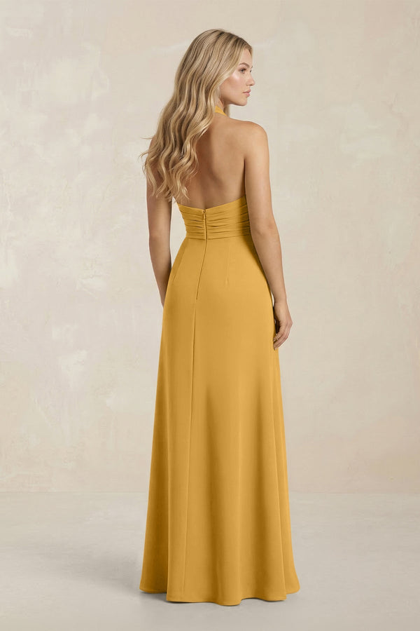 High Neck Chiffon Sheath Ruched Bridesmaid Dress in Marigold - KissProm Bridesmaid Dresses