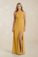 High Neck Chiffon Sheath Ruched Bridesmaid Dress in Marigold - KissProm Bridesmaid Dresses