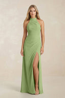 High Neck Chiffon Sheath Ruched Bridesmaid Dress in Matcha - KissProm Bridesmaid Dresses