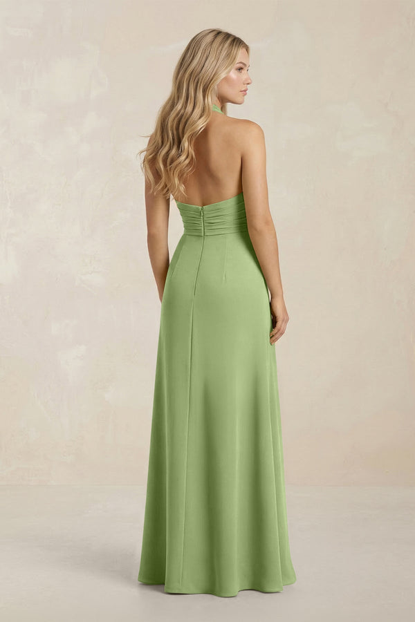 High Neck Chiffon Sheath Ruched Bridesmaid Dress in Matcha - KissProm Bridesmaid Dresses