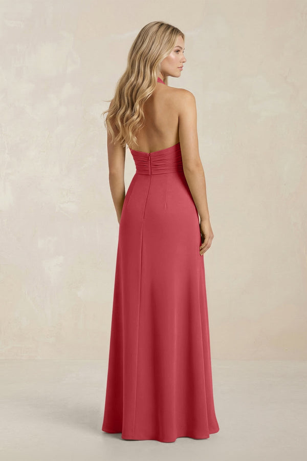 High Neck Chiffon Sheath Ruched Bridesmaid Dress in Merlot - KissProm Bridesmaid Dresses